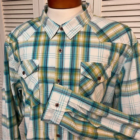 Wrangler Size 3XL Teal Navy White Plaid Western Workshirt - Picture 2 of 7